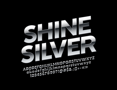 Vector Silver Font. Elegant rotated Alphabet Letters, Numbers and Symbols.