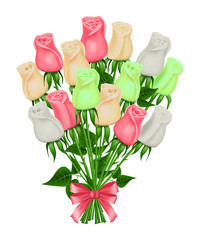 Bouquet of colored roses with red bow. Vector realistic 3D illustration, isolated. Holiday design.