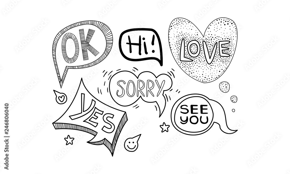 Poster vector set of hand drawn speech bubbles of different shapes. dialog clouds with text - ok, yes, see 