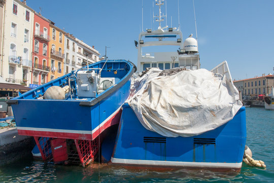 Sete France 08-07-2018. Fish boats in Sete Harbor in the south of France