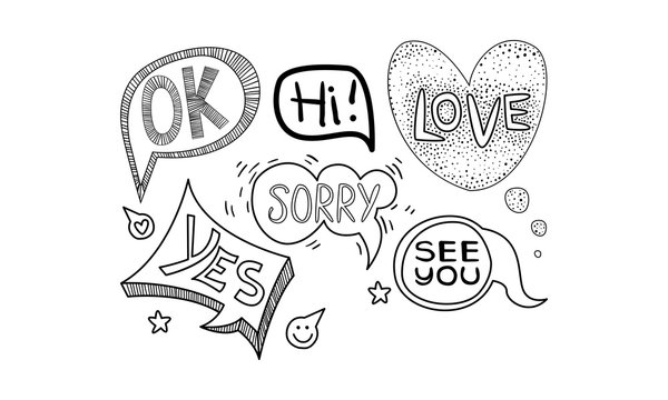 Vector set of hand drawn speech bubbles of different shapes. Dialog clouds with text - Ok, Yes, See you, Sorry