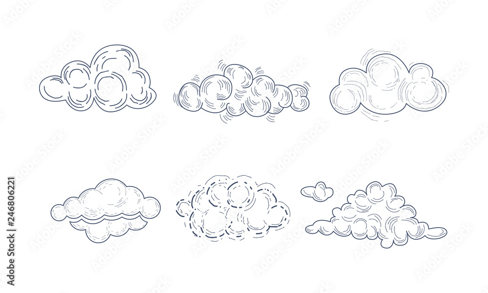 Poster vector set of fluffy clouds in sketch style. monochrome hand drawn icons. decorative graphic element