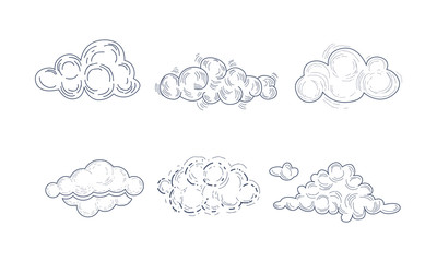 Vector set of fluffy clouds in sketch style. Monochrome hand drawn icons. Decorative graphic elements for children book