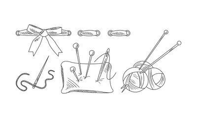 Hand drawn vector icons related to sewing and knitting theme. Pillow with needles, yarn of woolen threads