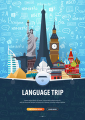 Language trip, tour, travel. Learning Languages. Vector illustration with hand-draw doodle elements on the background.