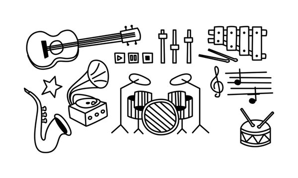Set of musical instruments, player buttons and music notes. Icons in sketch style. Hand drawn vector illustrations
