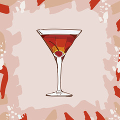 Rob Roy cocktail with cherry garnish illustration. Alcoholic classic bar drink hand drawn vector. Pop art