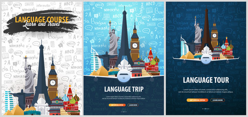 Language trip, tour, travel. Learning Languages. Vector illustration with hand-draw doodle elements on the background. - 246806693
