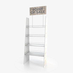 Empty store shelves. Retail shelf rack. Showcase display. Mockup template ready for design. 3d rendering.