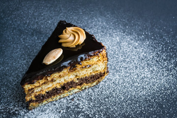 Piece of tasty chocolate cake with condensed milk and poppy, different layers. With almonds and cream. Home-made pastries. 