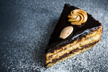 Piece of tasty chocolate cake with condensed milk and poppy, different layers. With almonds and cream. Home-made pastries. 