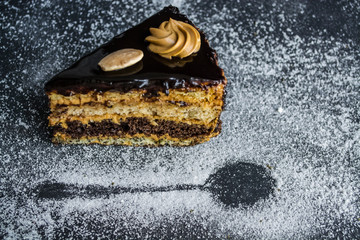 Piece of tasty chocolate cake with condensed milk and poppy, different layers. With almonds and cream. Home-made pastries. 