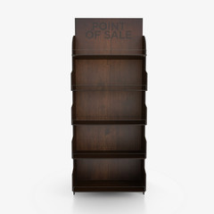 Empty store shelves. Retail shelf rack. Showcase display. Mockup template ready for design. 3d rendering.