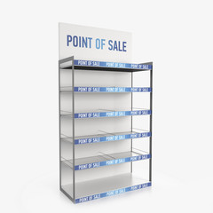 Empty store shelves. Retail shelf rack. Showcase display. Mockup template ready for design. 3d rendering.