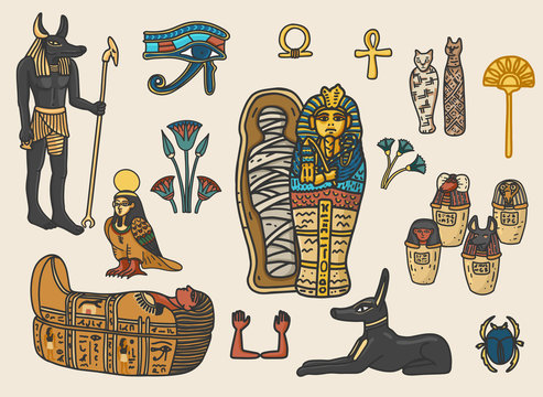 Set of ancient egyptian religion and cultural elements including sarcophagus, eye of horus, mummy, scarab, anubis, canopic jars; ka; ba; floral decoration elements. Isolated vector illustration.