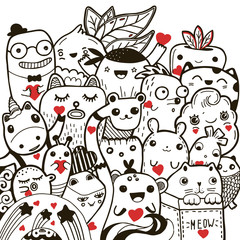 Doodling kawaii hand drawn vector illustration black and white tattoo coloring. Valentine's day greeting card. Cute cartoon characters with red hearts.