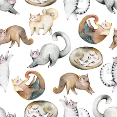 Stof per meter Naadloze patroon met schattige katten set. Geïsoleerd op een witte achtergrond. Aquarel illustratie © kateja