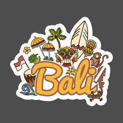 Bali vector sticker with illustrated travel icon collection. Temple, Barong mask, monkey, surf board, gecko, cacoa palm tree, flag, frangipani flowers, wave, durian.