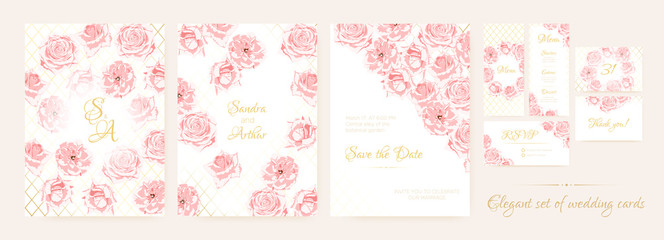 Wedding Cards Set with Delicate Pink Roses.
