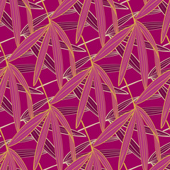 Seamless floral pattern with tropical leaves. Line drawing. Hand-drawn illustration.