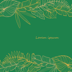 Postcard template with tropical leaves. Linear illustration. Hand-drawn picture. Vector