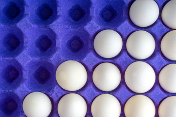 White eggs closeup in egg tray with selective focus and crop fragment