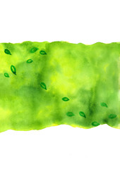 Falling green leaves on abstract green watercolor hand painting on paper background for decoration on advertsing artwork design.