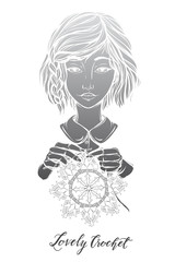 Vector illustration portrait a girl,crochet. Handmade, prints on T-shirts, tattoos