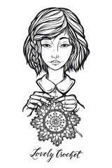 Vector illustration portrait a girl,crochet. Handmade, prints on T-shirts, tattoos, coloring for children and adults