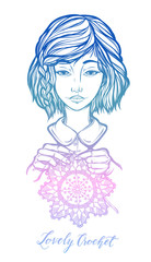 Vector illustration portrait a girl,crochet. Handmade, prints on T-shirts, tattoos,Blue and pink color