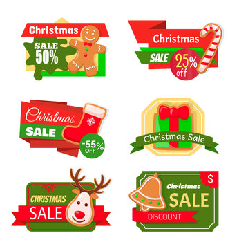 Christmas sale 50 percent reduction isolated icons vector. Socks with reindeer print, pine tree cookie, candy lollipop, deer and bell with presents