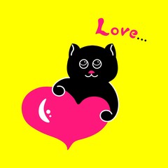 Black cat with a pink heart. Illustration, 