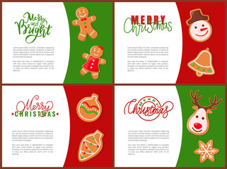 Gingerbread man and woman, head of snowman and deer, snowflake and ball. Merry and bright Christmas colorful paper cards with cookies and lettering vector