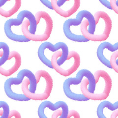 Fluffy pink and blue fur heart. Seamless pattern . illustration