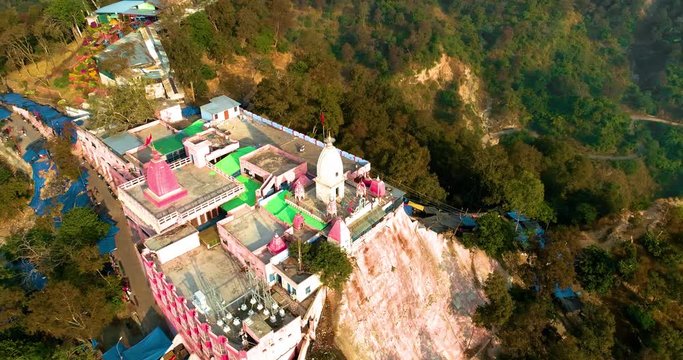 Aerial View of the holy town of Uttarakhand, India, Haridwar.Showing Mansa Devi Temple, Haridwar sacred town and Holy River Ganga.