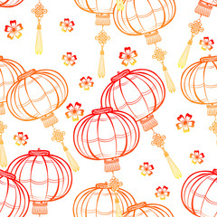 Chinese New Year, seamless pattern, flashlights, sakura, light background. Handmade. Red and golden colors
