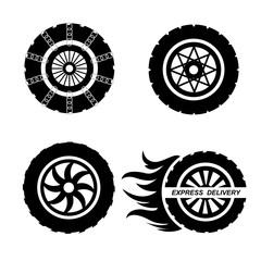 Different kinds of complete wheels and car tyres. Steel and alloy rims,  snow chains. Express delivery icon. Vector illustration of tires isolated on white background.