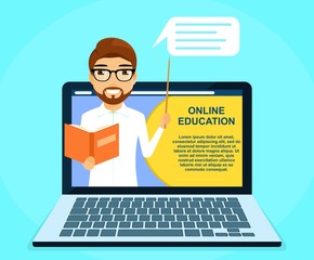 The concept of learning through the Internet. Young guy with a book in his hand. Training, education. In flat style on blue background. Cartoon.