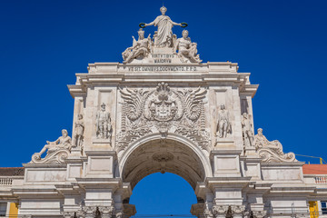 Fototapeta na wymiar Close up on a triumphal arch of Rua Augusta Arch located on the Commerce Square in Lisbon city, capital of Portugal