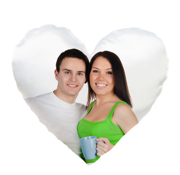 Romantic photo of happy couple printed on heart-shaped pillow. Valentine's day gift, isolated on white background