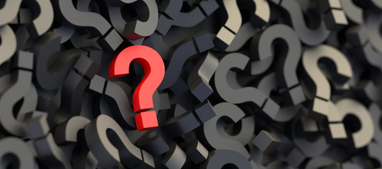 Red question mark on a background of black signs. 3D Rendering