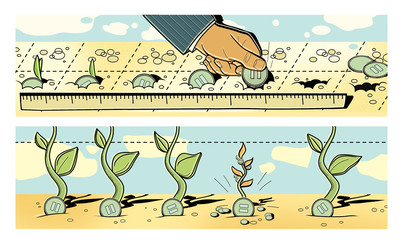 Naklejka premium Investments. A man puts dollar coins into the ground. Germination of coins and profit.