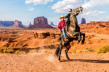 Cowboy Rearing Horse in Monument Valley - obrazy, fototapety, plakaty