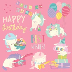 Obraz na płótnie Canvas Cute white cartoon unicorns with birthday theme