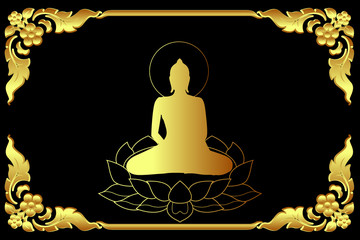 gold Buddha sit on lotus in ob traditional frame border with black background