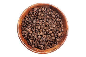 Coffee seeds in brown wooden bowl isolated on white background. Round rustic container with coffee beans inside.