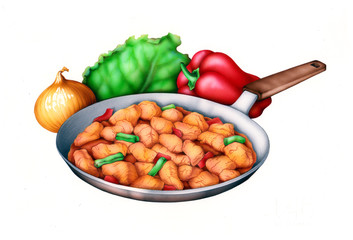 Chicken pieces with pepper and green beans on a pan, typical Chinese cuisine