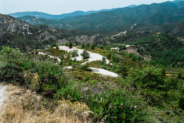 Fototapeta na wymiar Troodos National Forest Park. Cyprus. Mountains covered forest on blue sky background. Top view. Tourist destination, tourism, travel, caravanning