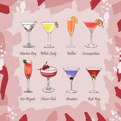 Set of classic cocktails. Fresh bar alcoholic drinks menu. Vector sketch illustration collection. Hand drawn. Martini dry, White Lady, Bellini, Cosmopolitan, Kir Royale, Clover club, Aviation, Rob Roy - 246819839
