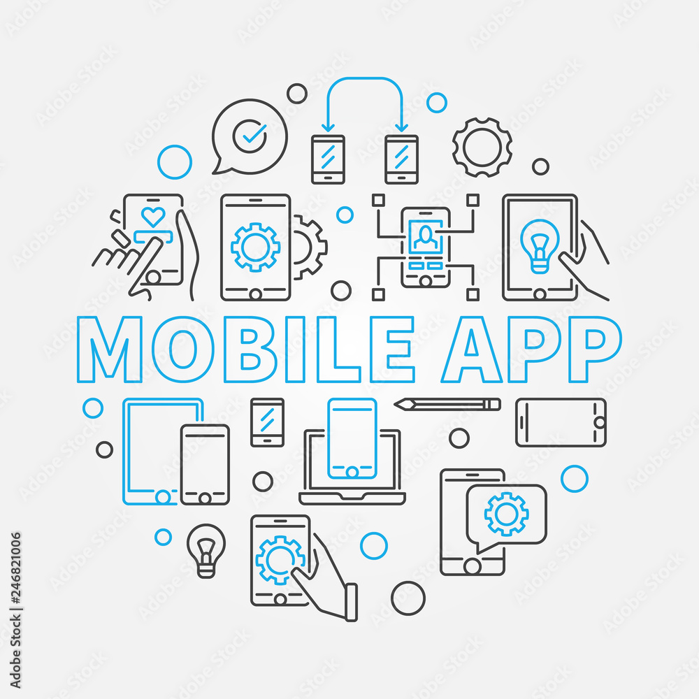 Poster mobile app vector concept circular illustration made of smart phone and computer outline icons